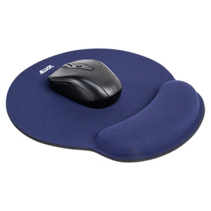 Isolated studio photo of a blue ComfortFoam ergonomic mousepad with a mouse on top..
