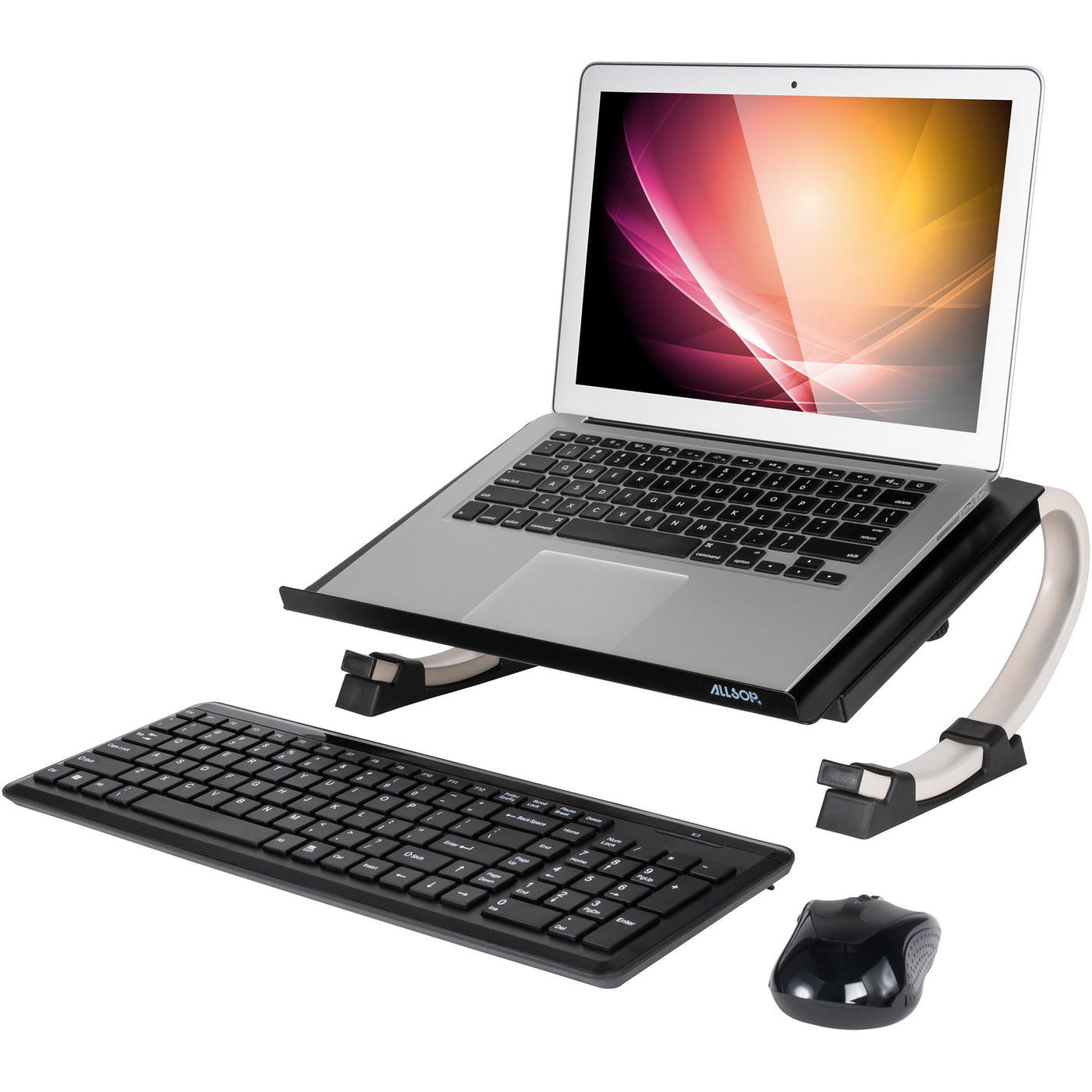 Isolated studio photo of the Redmond Adjustable Curve Laptop Stand holding a laptop at and angle. Photo also includes a separate keyboard and mouse.
