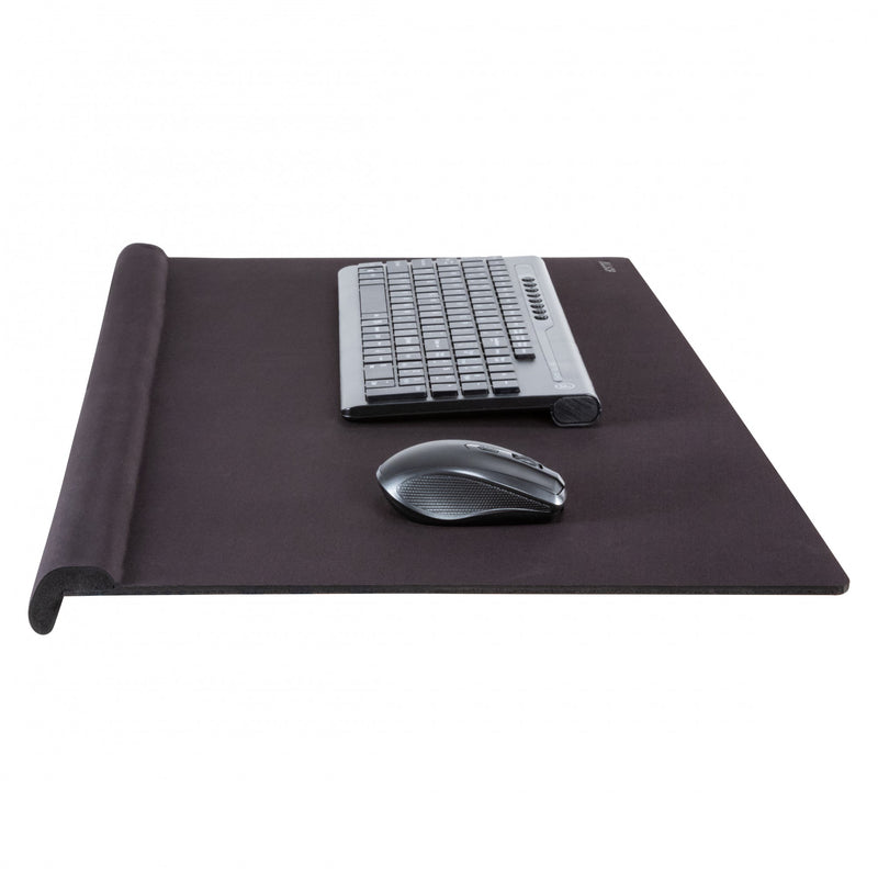 Studio image ErgoEdge Wrist Rest Mousepad Black side view with keyboard and mouse on pad