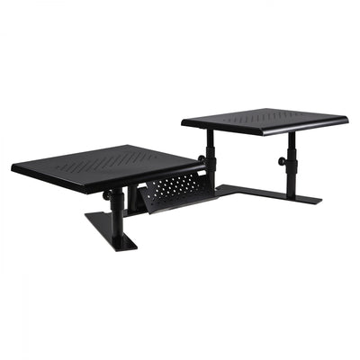 Studio image ErgoTwin Dual Monitor Stand two different platform heights show