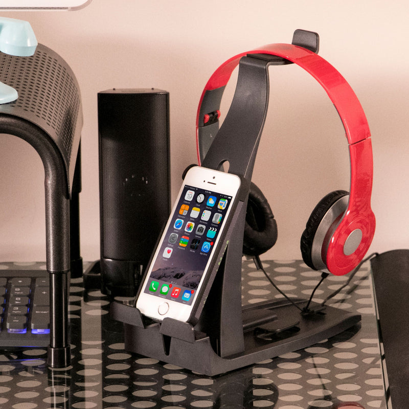 Lifestyle image Headset Hangout shown with phone and headphones on stand