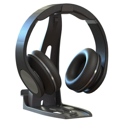Studio image Headset Hangout shown with headphones on stand