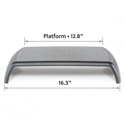 Studio image Ergoriser monitor stand front view with dimensions shown