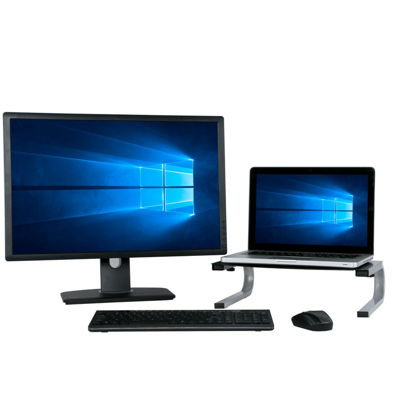 Redmond Monitor Stand shown with Laptop next to Monitor Keyboard Mouse