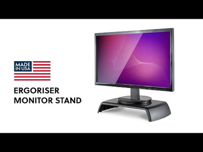 Video  Ergoriser monitor stand - preview image shows stand with monitor and made in USA flag symbol